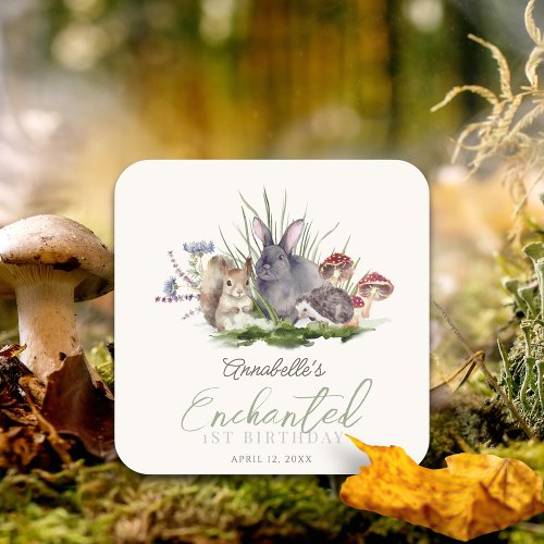 Enchanted Forest Woodland Animals Cream Birthday Square Sticker