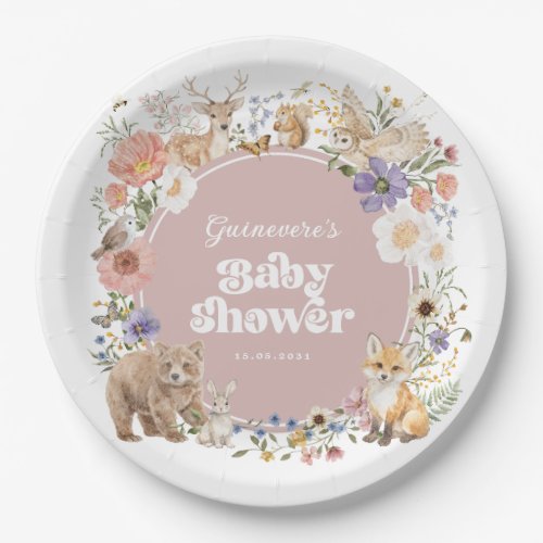 Enchanted Forest Woodland Animals Dusty Pink Baby Paper Plates