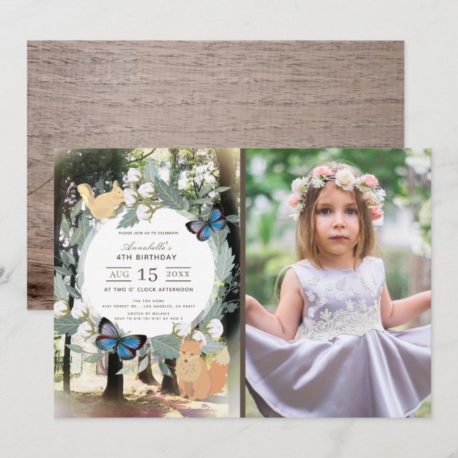 Enchanted Forest Woodland Animals Photo Birthday Invitation (Front/Back)
