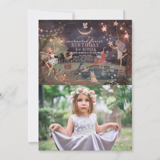 Enchanted Forest Woodland Fairies Birthday Photo Invitation (Front)