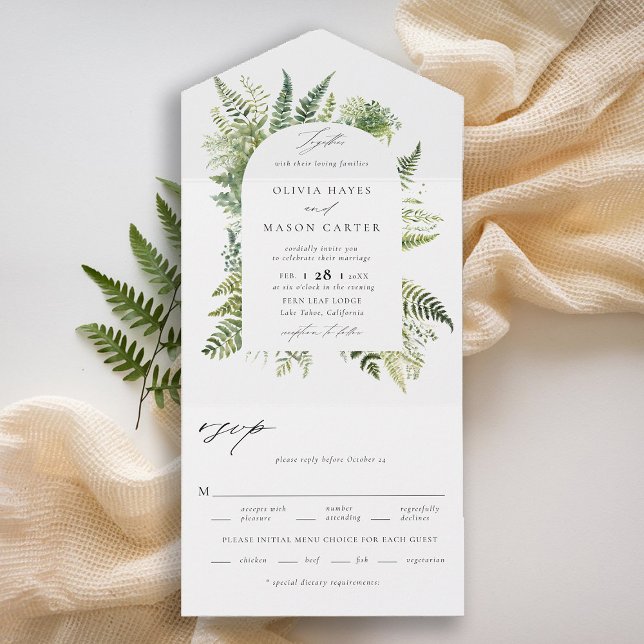 Enchanted Forest Woodland Ferns Boho Arch Wedding All In One Invitation (enchanted forest wedding invitation botanical boho arch ferns outdoors mountains nature garden all)