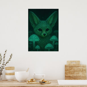 Enchanted Fox & Bioluminescent Mushrooms Poster