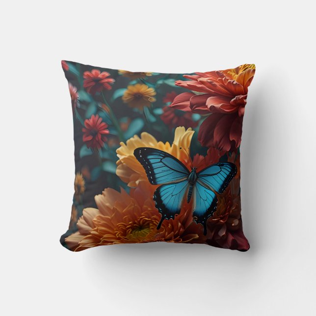 Enchanted Garden Blue Butterfly Vibrant Blooms Throw Pillow (Front)