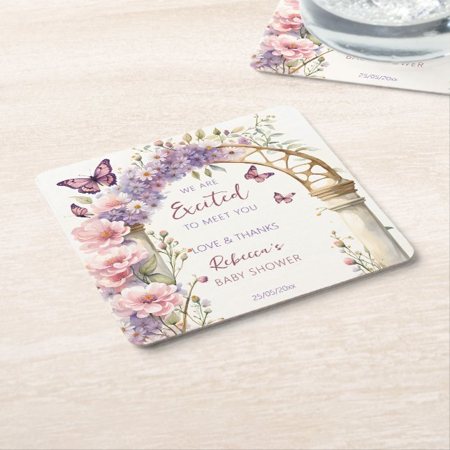 Enchanted garden butterflies baby shower favors square paper coaster (Angled)