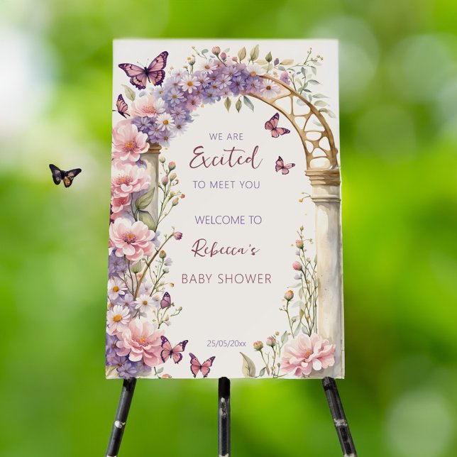 Enchanted garden butterflies baby shower welcome foam board (Enchanted garden butterflies baby shower welcome sign board template welcome sign pastel butterfly)