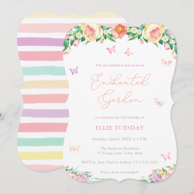 Enchanted Garden Butterfly Girl Birthday Party Invitation (Front/Back)