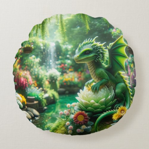 Enchanted Garden Dragon Round Pillow