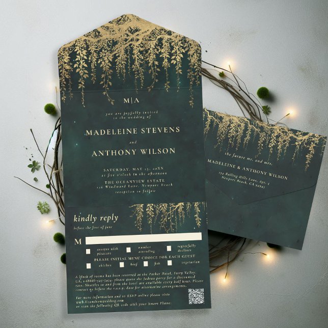 Enchanted Garden Emerald Gold Fairy Forest Wedding All In One Invitation (enchanted forest hanging greenery all in one wedding invitation qr code meal choice woodland fairy)