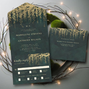 Enchanted Garden Emerald Gold Fairytale Wedding All In One Invitation