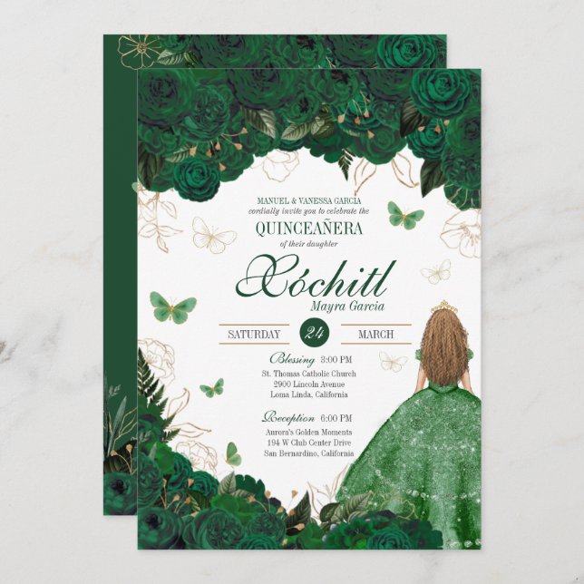 Enchanted Garden Emerald Green Quinceanera Invitation (Front/Back)