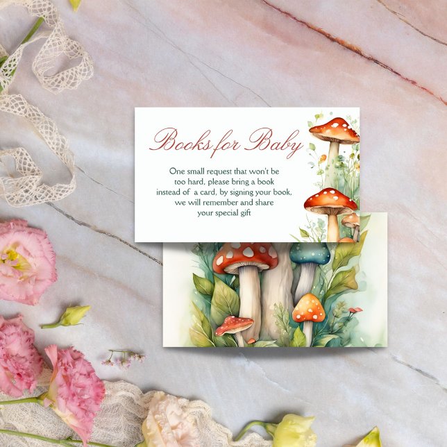 Enchanted garden fairy baby shower book request enclosure card (Enchanted garden fairy baby shower book request enclosure card forest mushroom books for baby cards)
