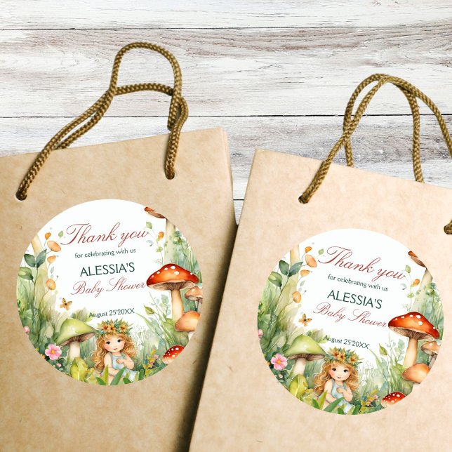 Enchanted garden fairy baby shower favor classic round sticker (Enchanted garden forest mushroom fairy baby shower thank you favor stickers earthy green natural)