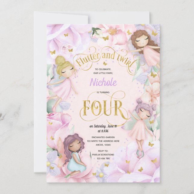 Enchanted garden fairy, girl 4th birthday invitati invitation (Front)