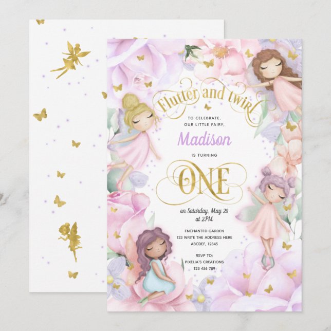 Enchanted Garden Fairy, Pink purple flowers Invitation (Front/Back)