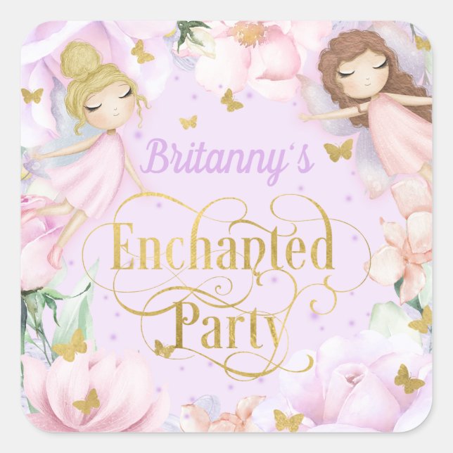 Enchanted garden fairy themed birthday square stic square sticker (Front)