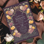 Enchanted Garden Floral Sweet 16 Birthday Invitation<br><div class="desc">Celebrate your Sweet 16 in style! Our birthday party invitations feature a stunning purple & orange floral frame against a purple background with chic gold accents. Perfect for a vibrant,  unforgettable celebration! PLEASE NOTE: The Gold featured in this product's design is NOT real foil and is printed flat.</div>