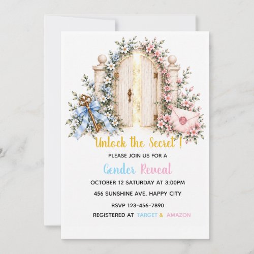 Enchanted Garden Gate Key Letter Gender Reveal Invitation