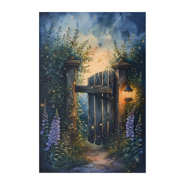 Enchanted Garden Gate Under Firefly Sky Acrylic Print (Front)
