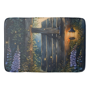 Enchanted Garden Gate Under Firefly Sky Bath Mat