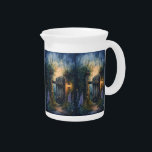Enchanted Garden Gate Under Firefly Sky Beverage Pitcher<br><div class="desc">Step into a dreamy twilight world with this enchanting design featuring a rustic wooden garden gate, softly illuminated by a glowing lantern and surrounded by lush foliage and blooming foxgloves. Tiny fireflies dance through the dusky air, creating a magical, fairytale atmosphere that feels both nostalgic and otherworldly. The painterly style...</div>