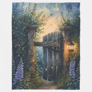 Enchanted Garden Gate Under Firefly Sky Fleece Blanket