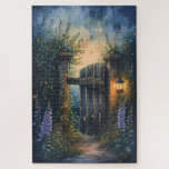 Enchanted Garden Gate Under Firefly Sky Jigsaw Puzzle<br><div class="desc">Step into a dreamy twilight world with this enchanting design featuring a rustic wooden garden gate, softly illuminated by a glowing lantern and surrounded by lush foliage and blooming foxgloves. Tiny fireflies dance through the dusky air, creating a magical, fairytale atmosphere that feels both nostalgic and otherworldly. The painterly style...</div>