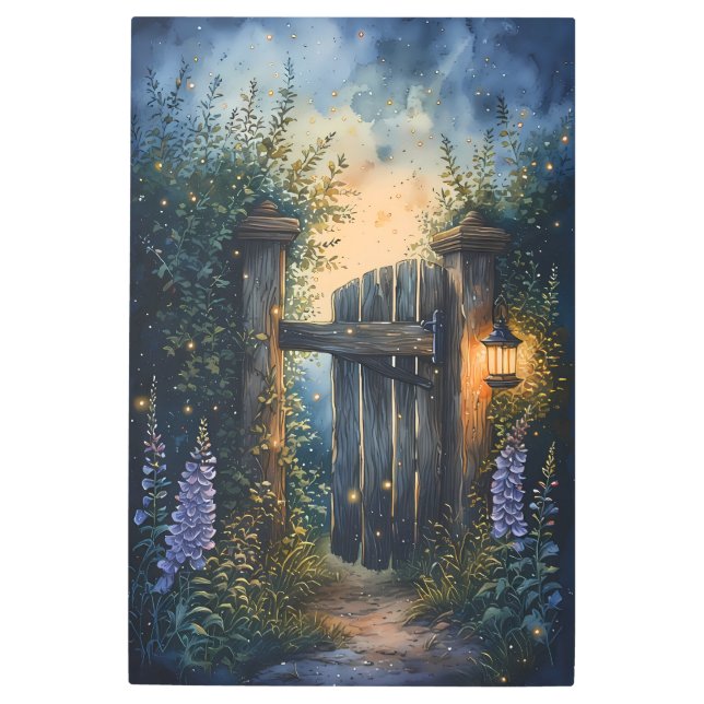 Enchanted Garden Gate Under Firefly Sky Metal Print (Front)