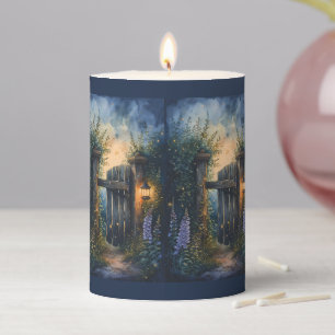 Enchanted Garden Gate Under Firefly Sky Pillar Candle