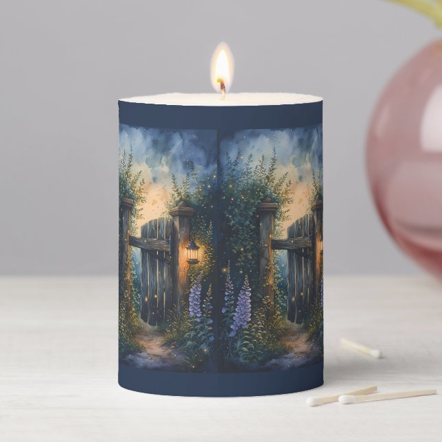 Enchanted Garden Gate Under Firefly Sky Pillar Candle (In Situ)