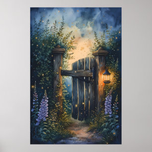 Enchanted Garden Gate Under Firefly Sky Poster