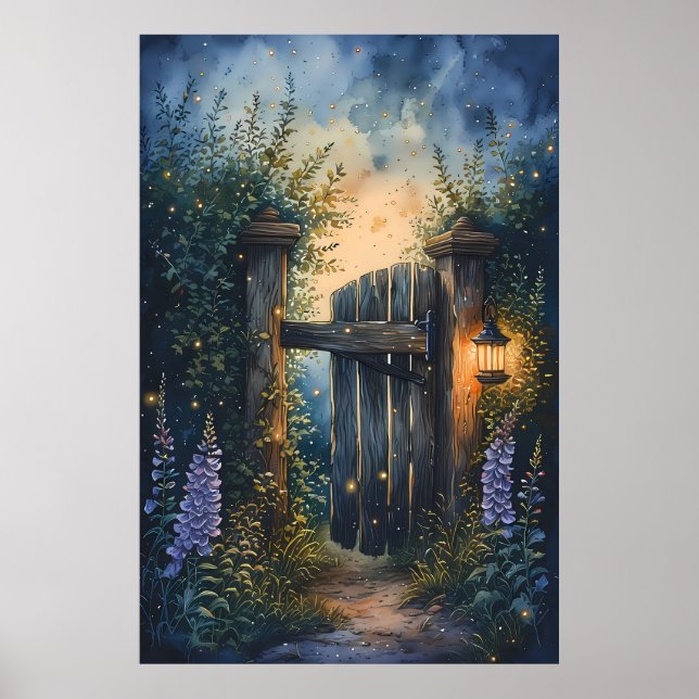 Enchanted Garden Gate Under Firefly Sky Poster (Front)