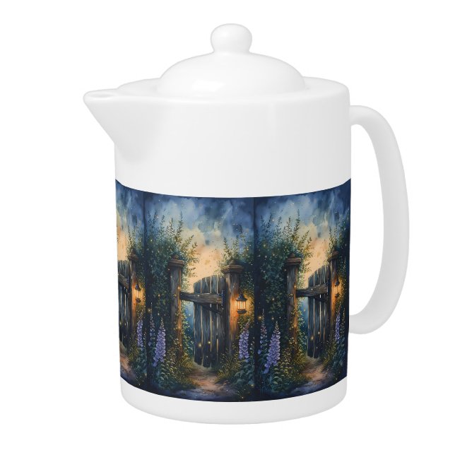 Enchanted Garden Gate Under Firefly Sky Teapot (Right)