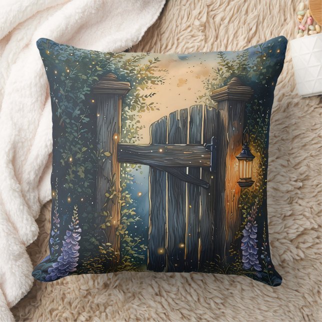 Enchanted Garden Gate Under Firefly Sky Throw Pillow (Blanket)