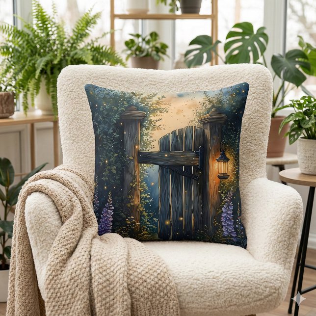 Enchanted Garden Gate Under Firefly Sky Throw Pillow (Enchanted Garden Gate Under Firefly Sky Throw Pillow Mockup A)