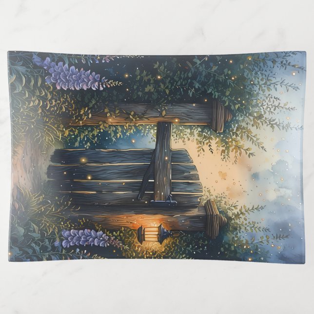 Enchanted Garden Gate Under Firefly Sky Trinket Tray (Front)