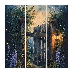 Enchanted Garden Gate Under Firefly Sky Triptych