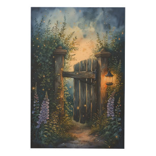 Enchanted Garden Gate Under Firefly Sky Wood Wall Art