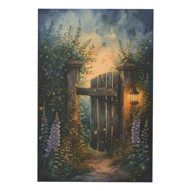 Enchanted Garden Gate Under Firefly Sky Wood Wall Art (Front)