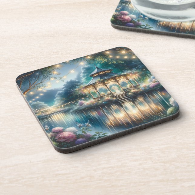 Enchanted Garden Gazebo Twilight Reflection Beverage Coaster (Left Side)