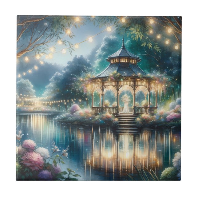 Enchanted Garden Gazebo Twilight Reflection Ceramic Tile (Front)