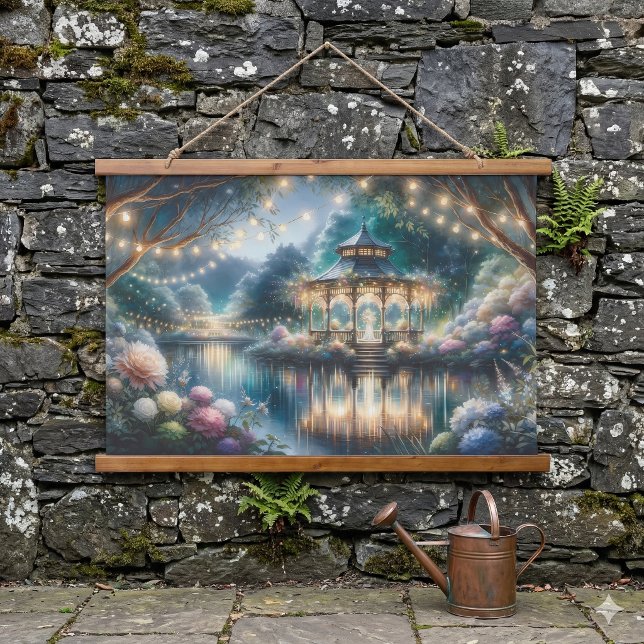 Enchanted Garden Gazebo Twilight Reflection Hanging Tapestry (Enchanted Garden Gazebo Twilight Reflection Hanging Tapestry On Stone Garden Wall)