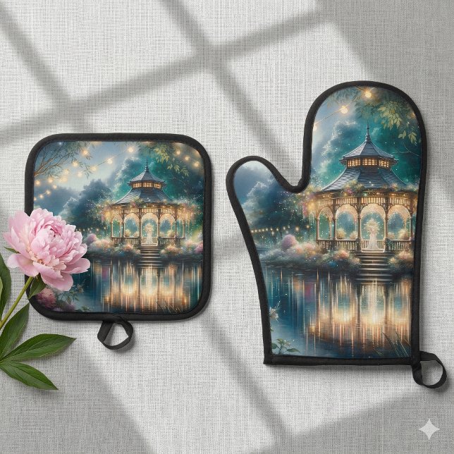 Enchanted Garden Gazebo Twilight Reflection Oven Mitt & Pot Holder Set (Enchanted Garden Gazebo Twilight Reflection Oven Mitt & Pot Holder Set On Shadowed Counter)