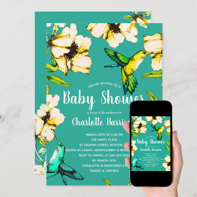 Enchanted Garden Hummingbirds & Floral Baby Shower Invitation Zazzle