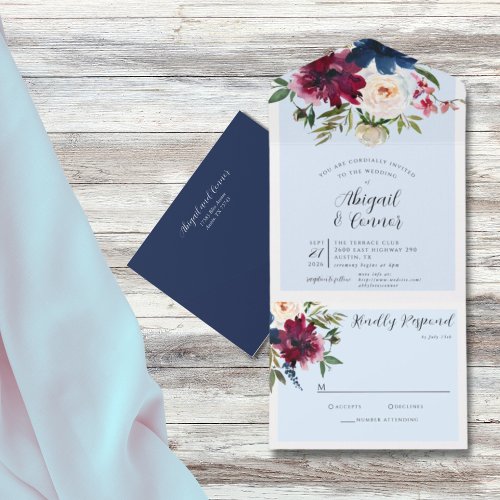 Enchanted Garden Light Blue Burgundy Navy All In One Invitation