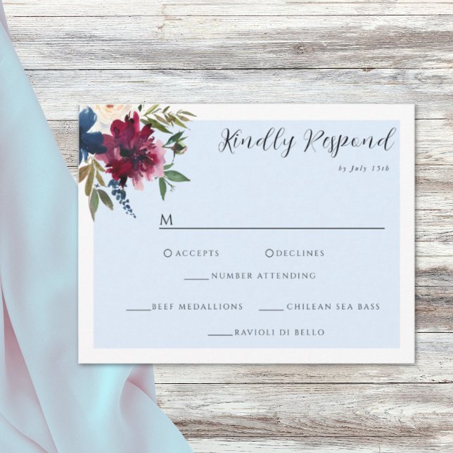 Enchanted Garden Light Blue Burgundy Navy RSVP Card (Creator Uploaded)