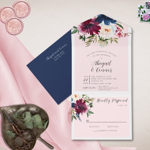 Enchanted Garden Pink Blush Burgundy Navy All In One Invitation