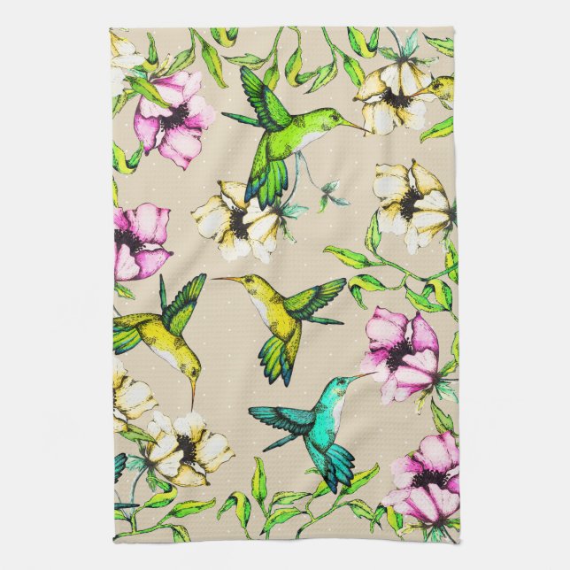 Enchanted Garden Watercolor Hummingbirds & Flowers Kitchen Towel (Vertical)