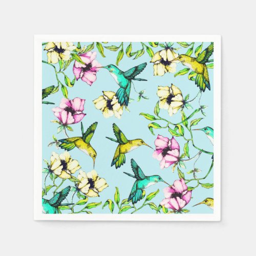 Enchanted Garden Watercolor Hummingbirds  Flowers Napkins