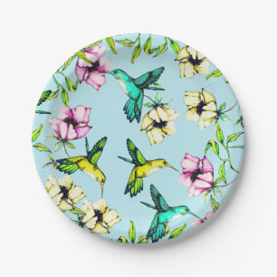 Enchanted Garden Watercolor Hummingbirds & Flowers Paper Plates