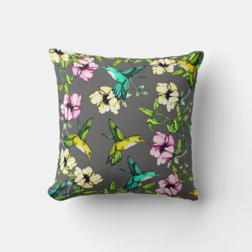 Enchanted Garden Watercolor Hummingbirds  Flowers Throw Pillow